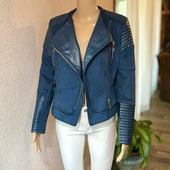 IVORY & CHAIN Women’s Navy Blue Moto-Style ‘Bessy Biker Jacket’ - NWOT - Picture 5 of 10